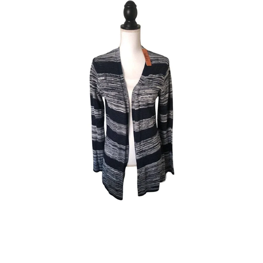 Belldini Women's Open Front Cardigan Sweater Size M Navy White Striped Open Knit